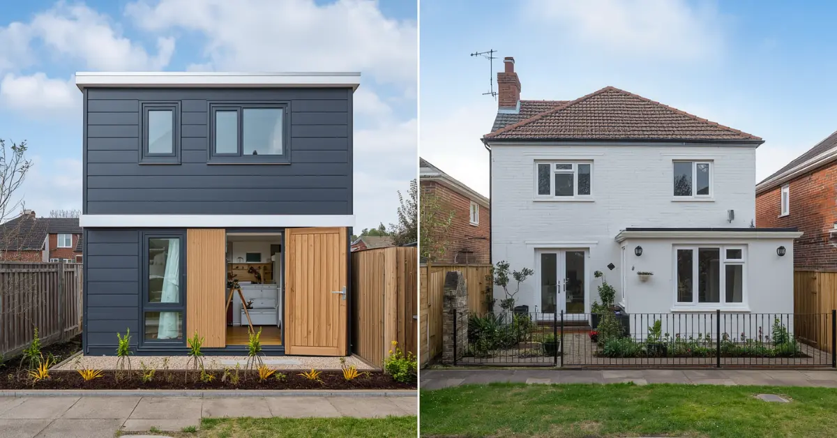 A balanced visual comparison of a Granny Flat vs House Extension suburban residential block.