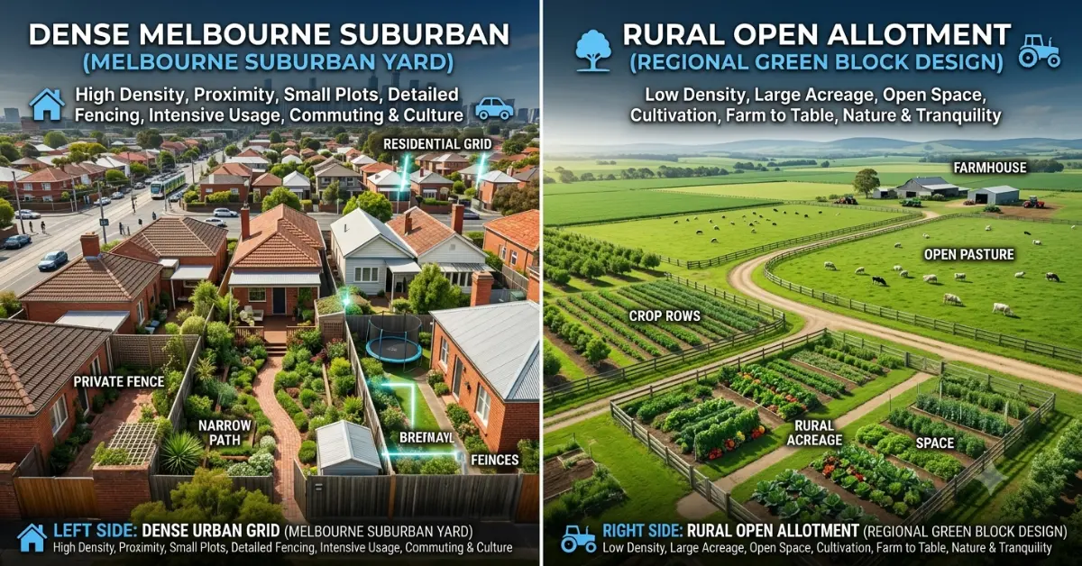 A visual comparison of a compact inner-city backyard allotment versus a spacious regional lot layout, analyzing Melbourne vs. Regional Victoria Granny Flat Cost variables.