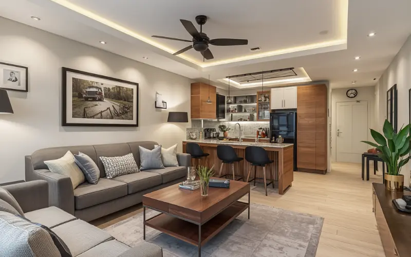 Modern interior kitchen and living room of an investment granny flat in Sydney NSW.