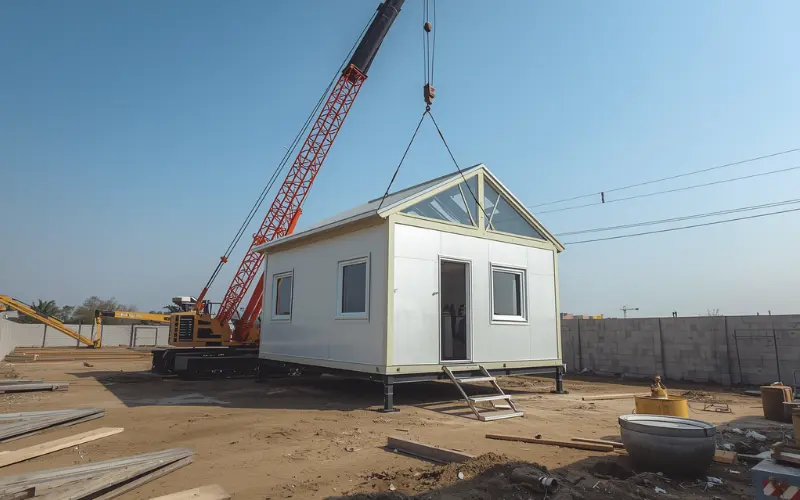 A modern crane lifting and installing a compact prefab secondary home to minimize site overhead costs.