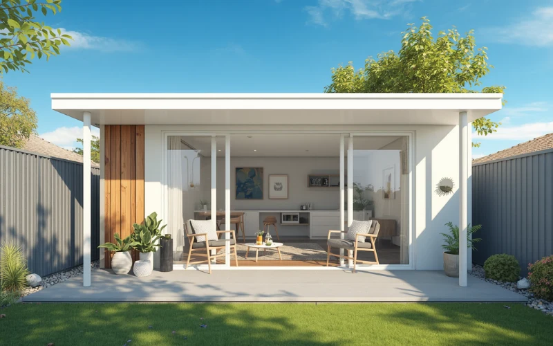 A premium modern backyard granny flat with white sliding.