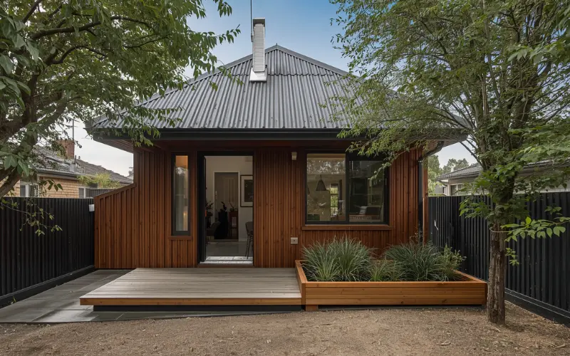 Melbourne Suburb Backyard Build. cozy, timber-clad detached architectural unit highlighting the average granny flat cost Victoria metrics.