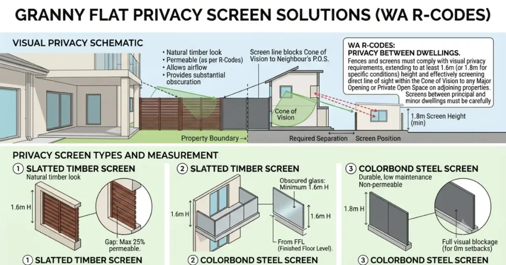 Slatted timber or Colorbond screen between two granny flat privacy screen fence WA