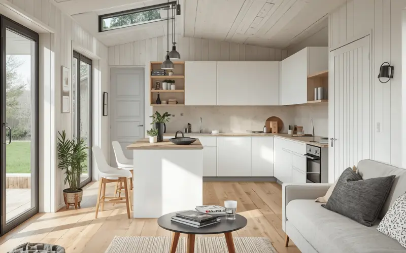 Open plan kitchen and living zone layout inside a sixty square metre secondary dwelling