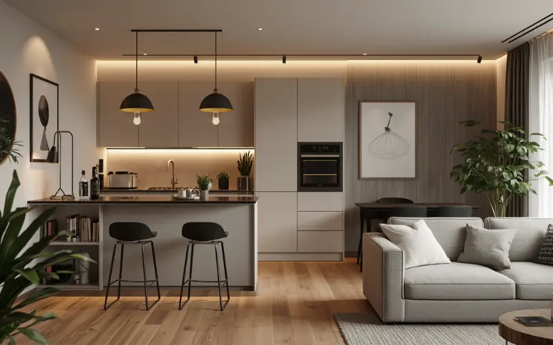 Modern open plan living room and kitchen layout inside a space optimized granny flat