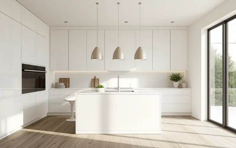 A minimalist modern kitchen running cleanly along a single back wall with white cabinets.