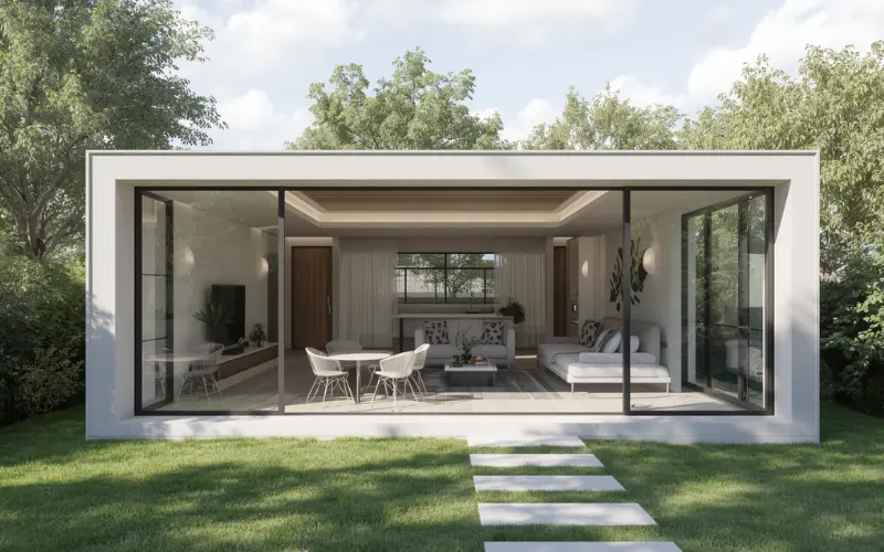 A modern, high-end architectural rendering of a modern 2-bedroom granny flat plans transitioning into a 3D reality view.