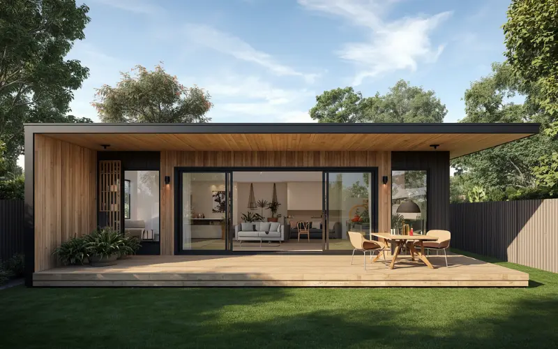 Beautiful modern, finished cladding exterior granny flat with styled concrete paths, small deck, and landscaping.