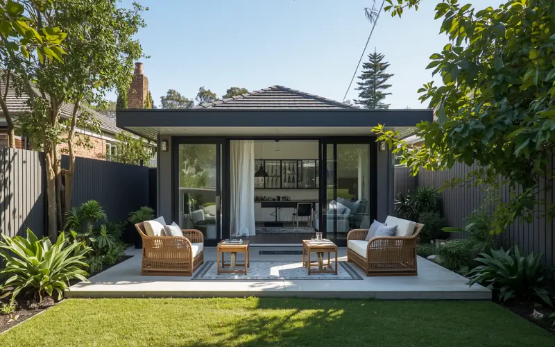 A modern, space-efficient small secondary home backyard in a setting