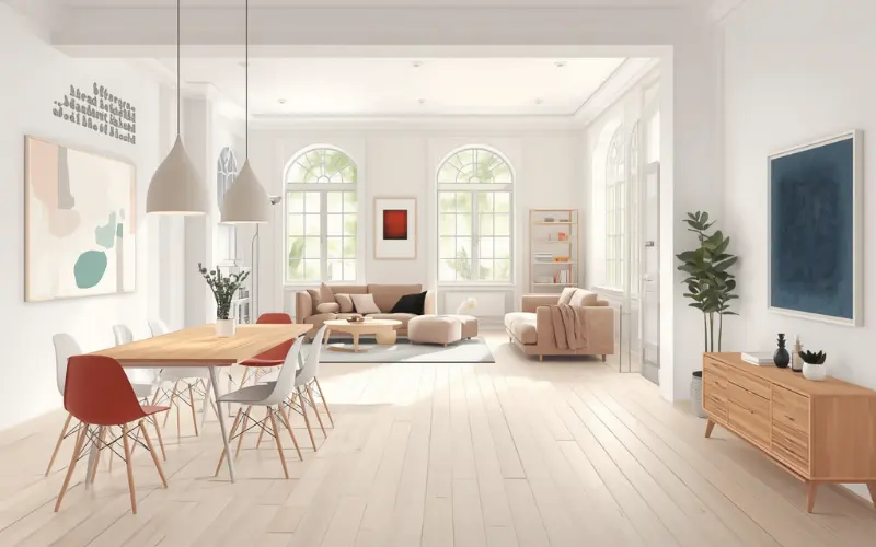 Inside a bright studio room opening up into a simple dining table and lounge zone.