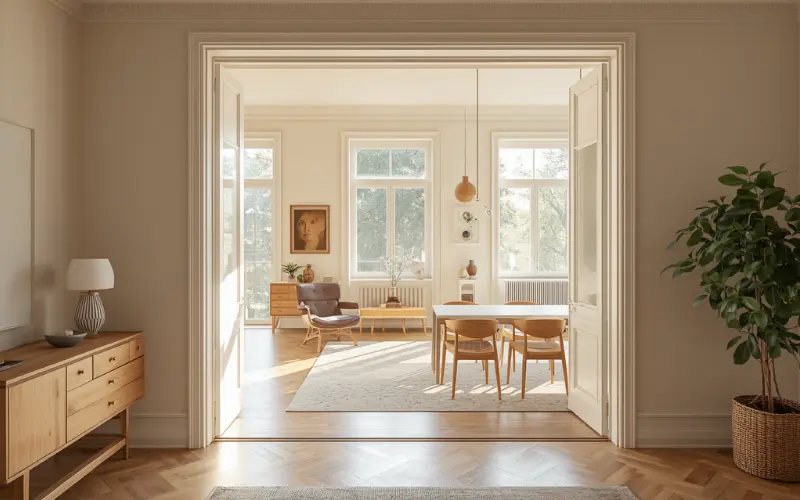 An open plan studio room opening up into a simple dining table and lounge zone.