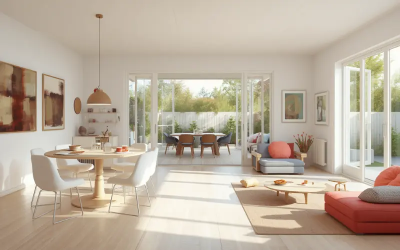 An open plan studio interior with zero permanent internal walls to reduce structural framing costs.