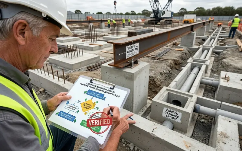 A private building surveyor conducting a structural compliance check for a Victorian building permit application.