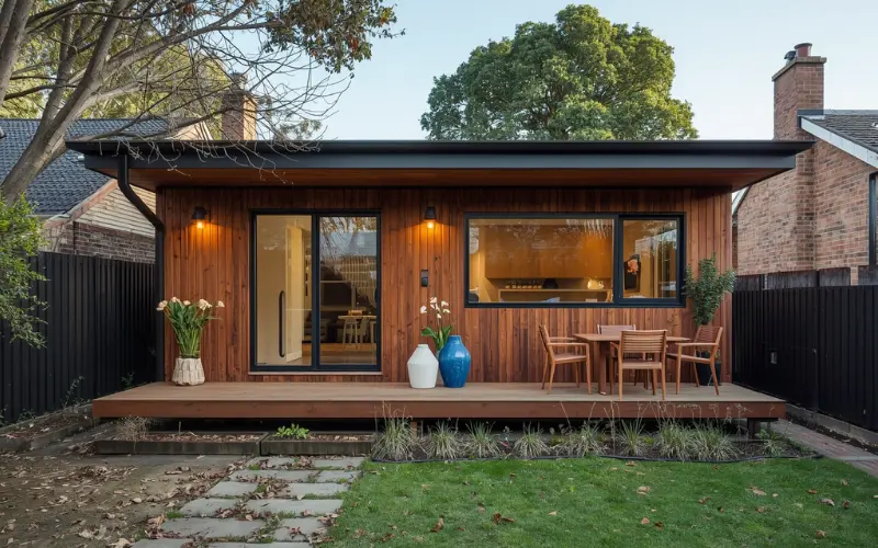 A beautiful small rectangular white house with a dark metal roof in a green yard.