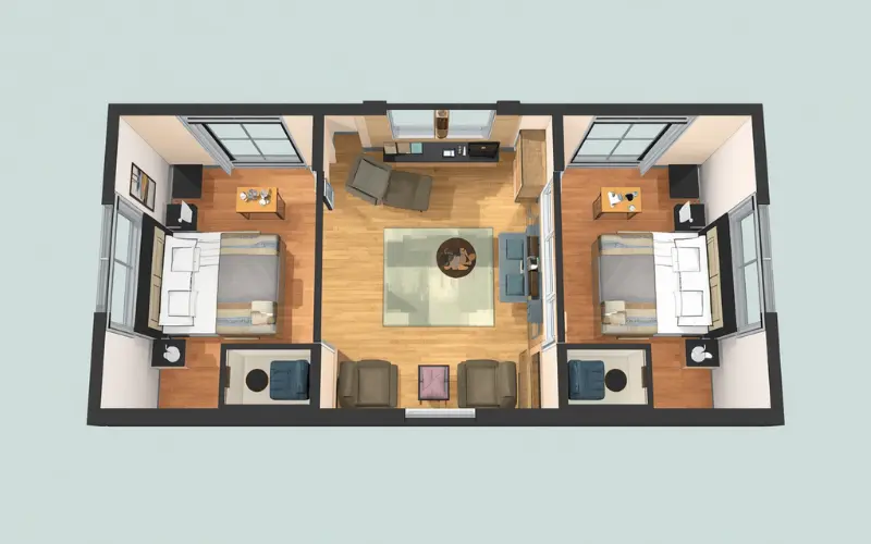 Space optimized floor layout metrics for a two bedroom granny flat build
