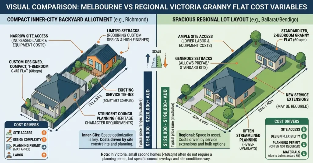 A visual comparison of a compact Melbourne vs. Regional Victoria Granny Flat Cost layouts.