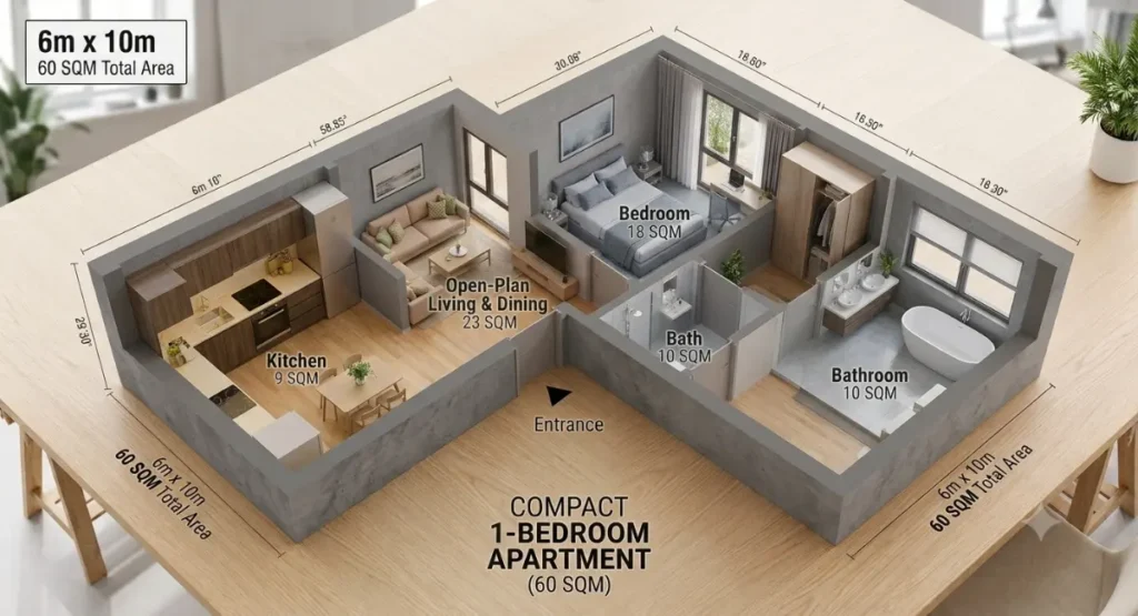1 bedroom 60sqm granny flat plan NSW