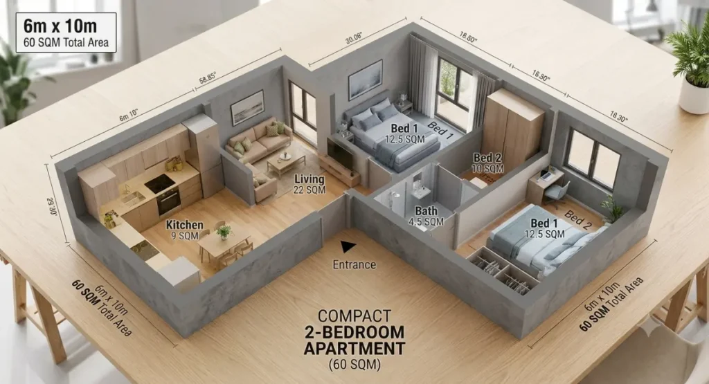 2 bedroom 60sqm granny flat plan NSW