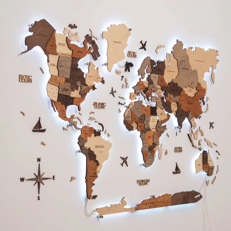 Enjoy the Wood 3D world map close-up showing country detail and pin placement