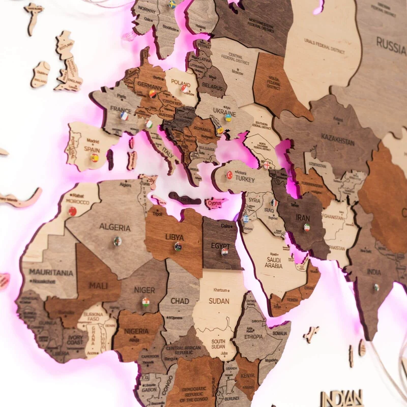 Wooden world map wall art styled as granny flat bedroom statement piece