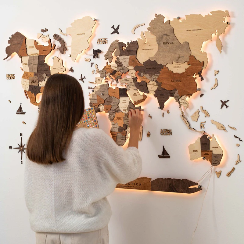 3D LED Wooden World Map by Enjoy the Wood multicolour for granny flat bedroom feature wall