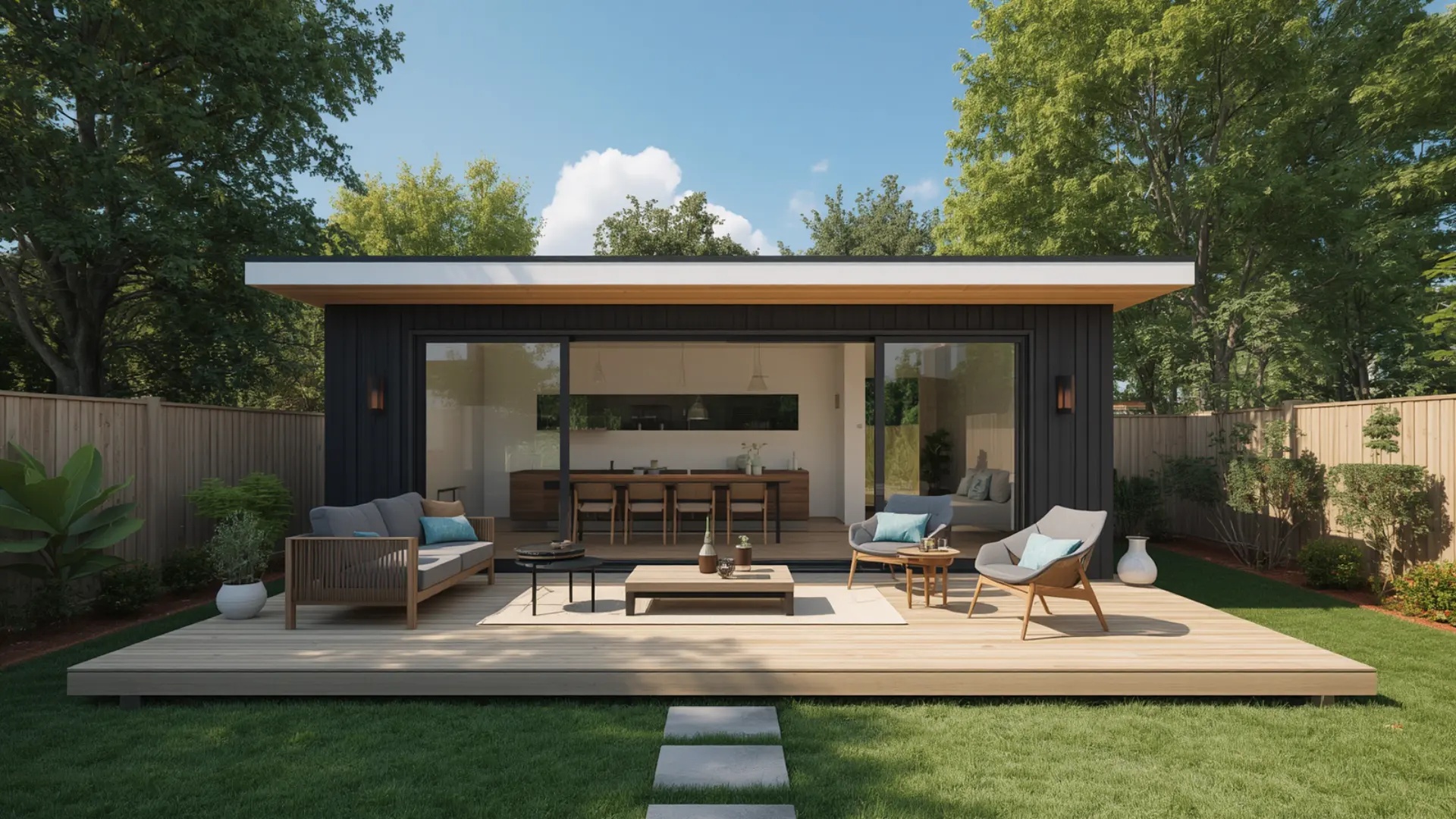 Backyard granny flat ideas showing decking and outdoor living space in Australian garden