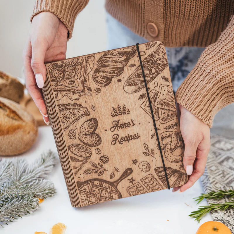 Bakery Style wooden recipe book open showing recipe template pages