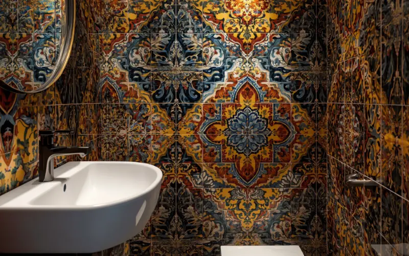 Granny flat bathroom bold tile feature wall idea with patterned tiles on accent wall