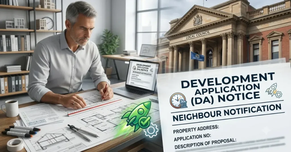 Official council planning assessment paperwork and neighbour notification notice representing the DA approval process.