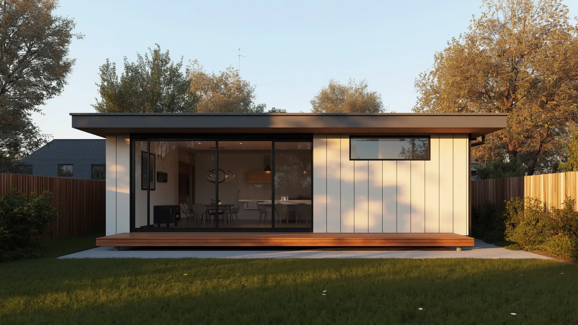 Granny flat exterior design ideas showing modern facade and cladding on Australian backyard build