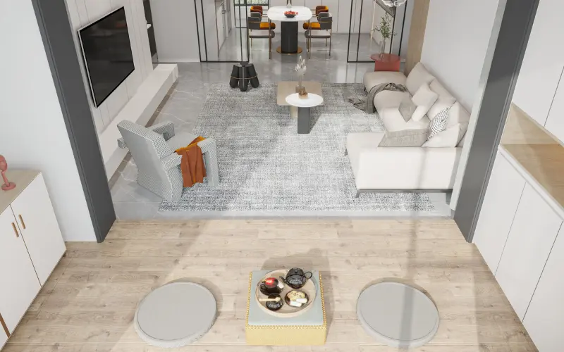 Open-plan granny flat living room layout showing kitchen and living area in compact footprint