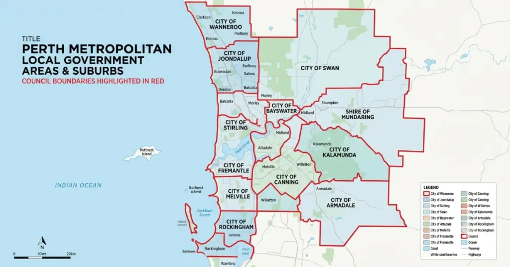 Perth suburbs map with council boundaries highlighted