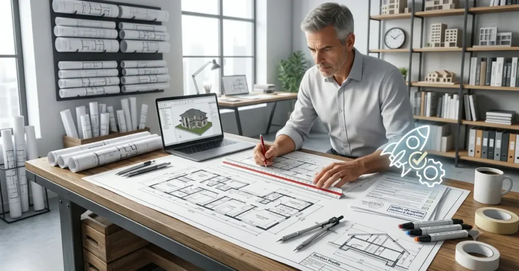 A private certifier reviewing architectural 3D floor plans and council compliance checklists for a complying development certificate (CDC).