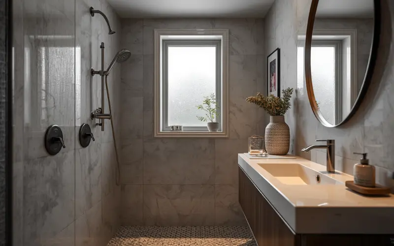 Granny flat wet room open plan bathroom with no shower screen modern minimalist design