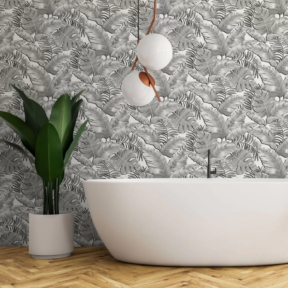 Banana Leaves wallpaper styled in a bathroom with round mirror and white basin