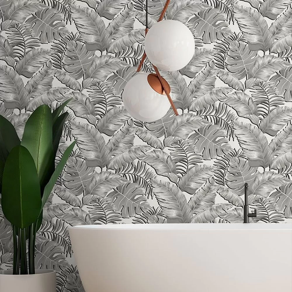 Brand McKenzie Banana Leaves Black and White wallpaper roll detail