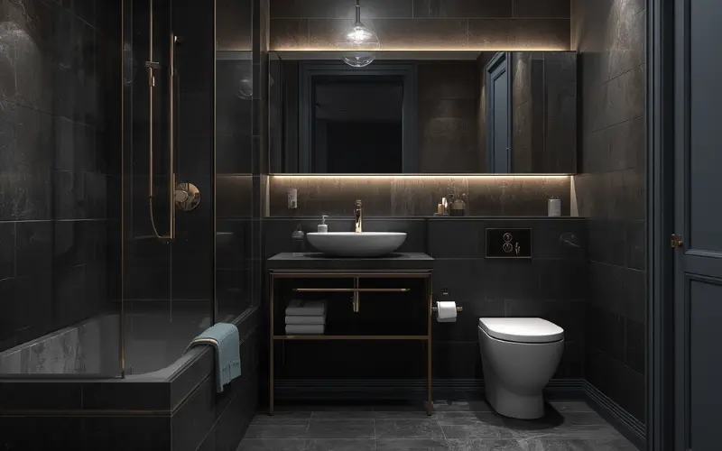 Small granny flat bathroom dark moody charcoal tiles premium finish