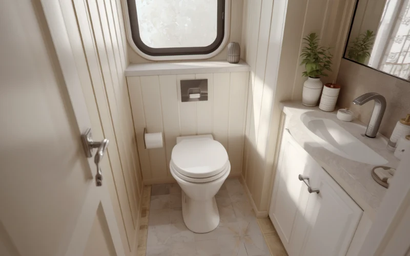 Compact granny flat L-shape bathroom layout with separate wet zone and toilet