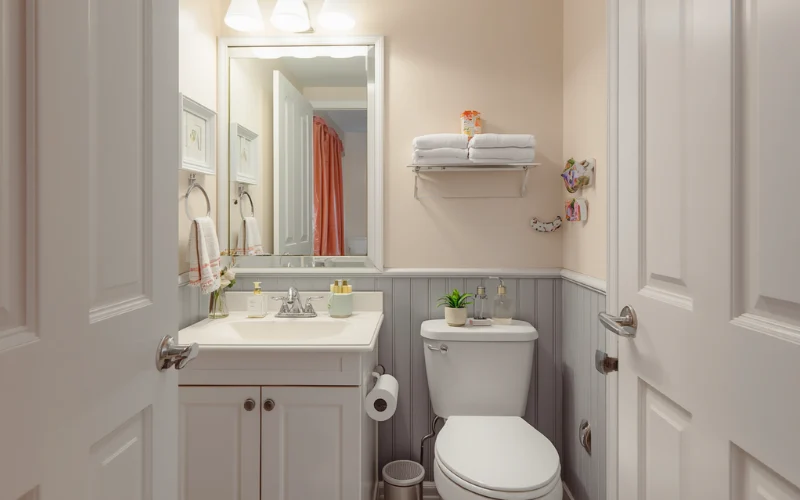 Small granny flat bathroom white light tiles budget option clean and bright