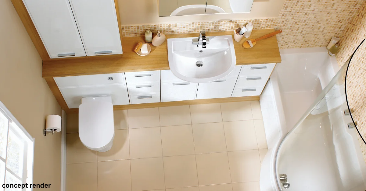 Small granny flat bathroom layout ideas showing compact overhead view of 4-6sqm wet area