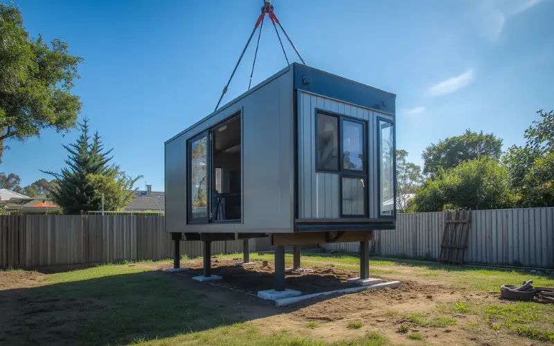 Modular granny flat module being craned onto footings in a Perth backyard