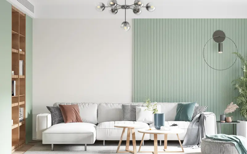 Granny flat living room feature wall idea with wallpaper accent wall and styled shelving
