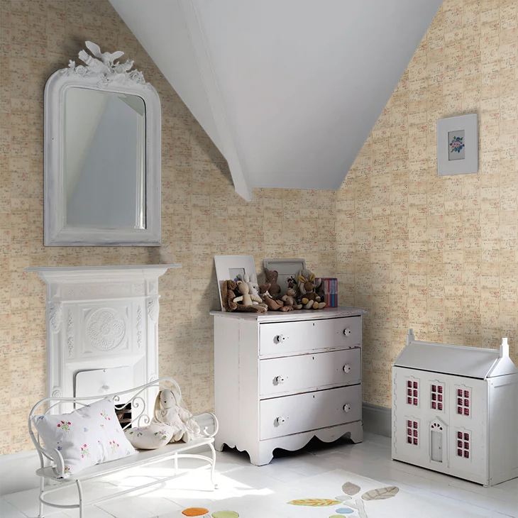 Andrew Martin Love Letter wallpaper styled in a bedroom setting