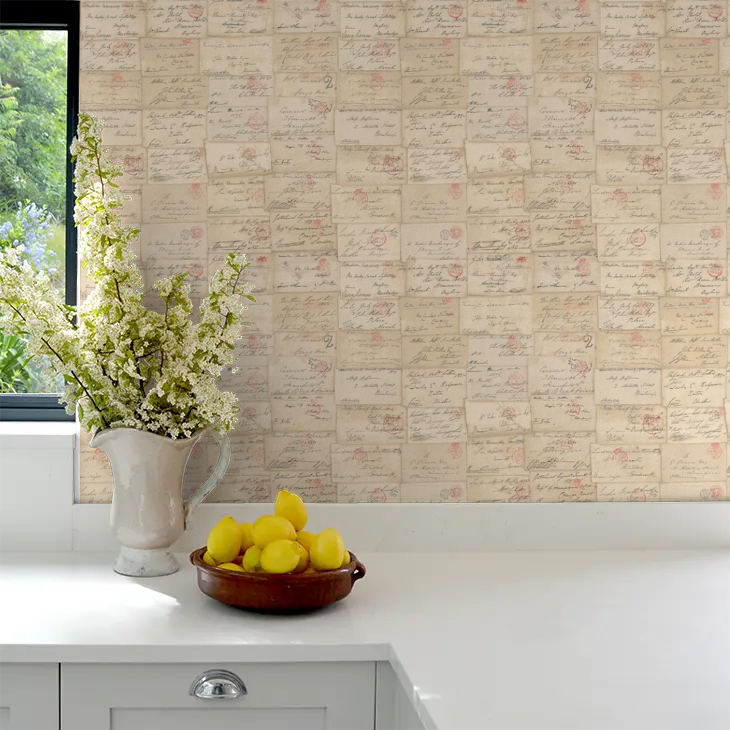 Love Letter vintage parchment wallpaper on small bedroom feature wall