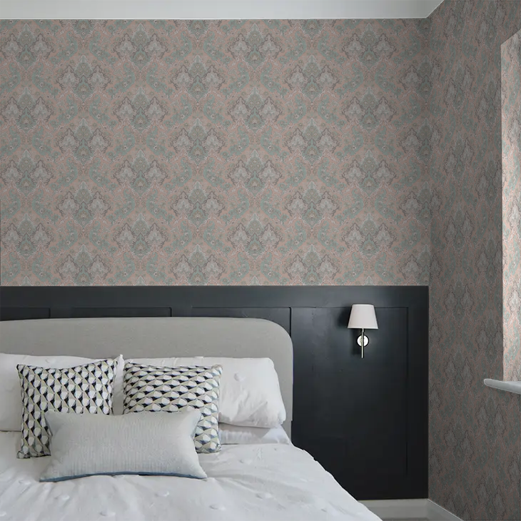 Pushkin oriental pattern wallpaper on small bedroom feature wall
