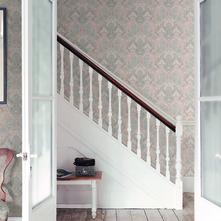 Cole and Son Pushkin pastel wallpaper on granny flat feature wall