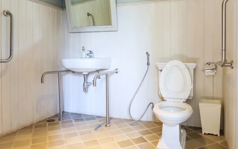 Accessible granny flat bathroom design with step-free shower and grab rails for ageing in place