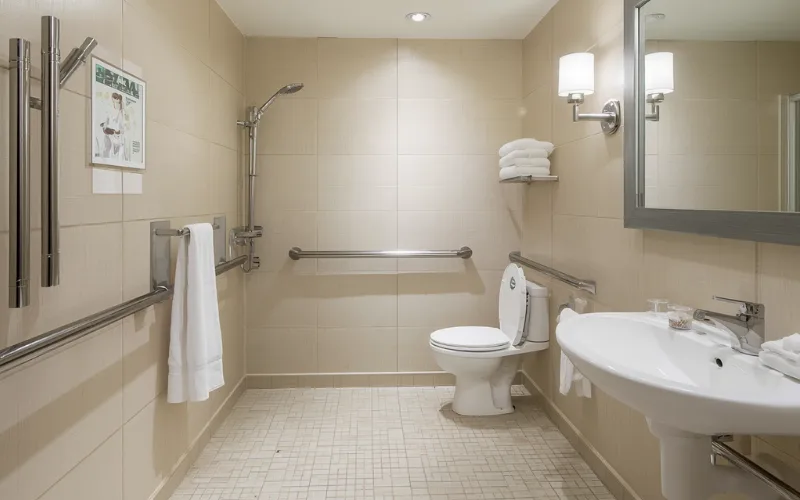 Modern styled grab rails in accessible granny flat bathroom not institutional look