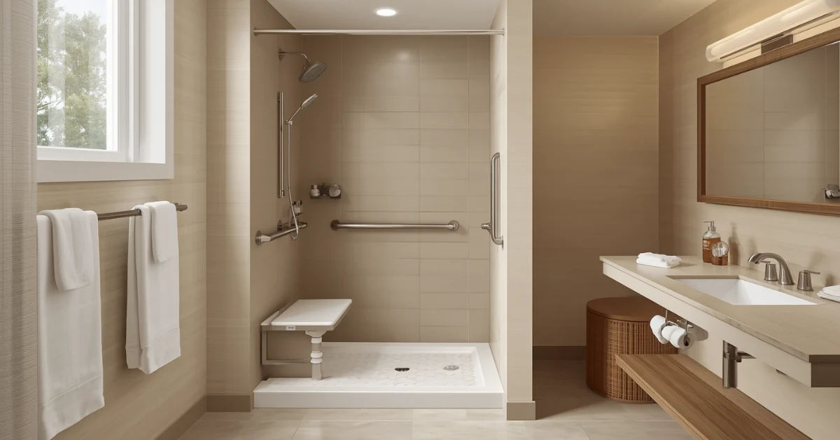 Accessible granny flat bathroom design showing step-free shower and modern fittings for ageing in place