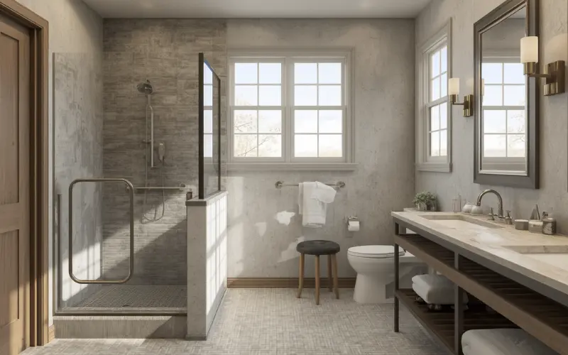 Step-free hobless shower entry for accessible granny flat bathroom ageing in place design